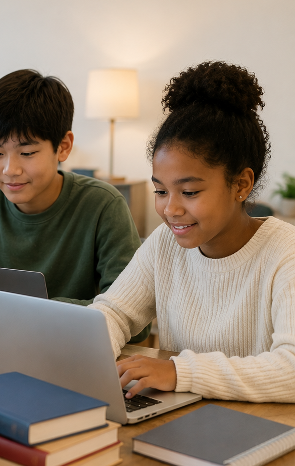 Two students smiling while working together on a laptop