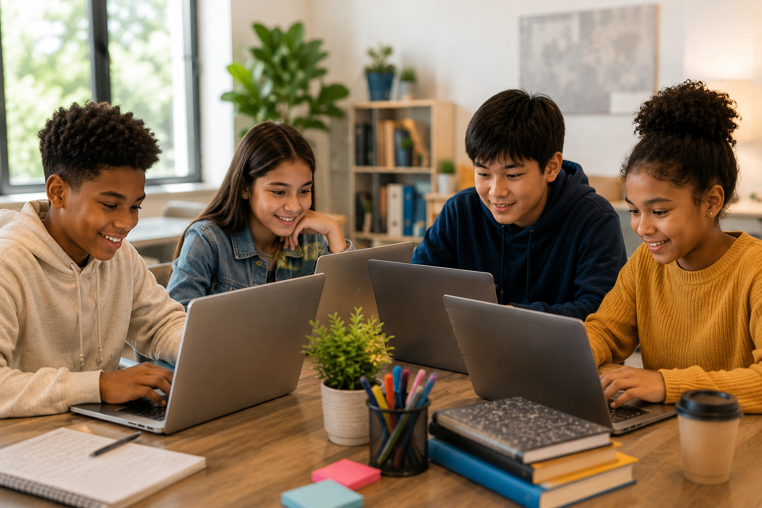 A group of young students working together on laptops